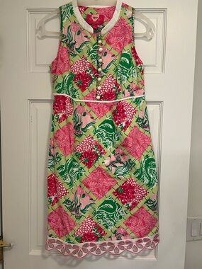 Lilly Pulitzer Pink, Green & Cream Sleeveless Pearl-Button Shift Dress